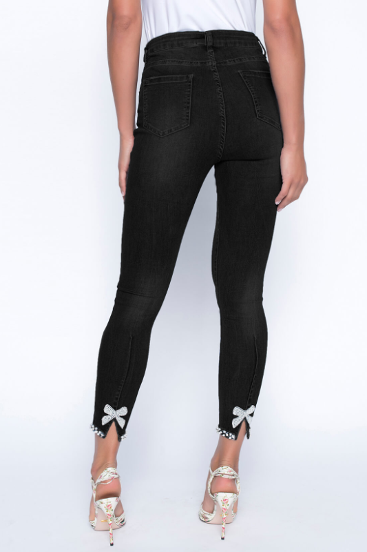 Frank Lyman Black Woven Jeans with Bow Diamante