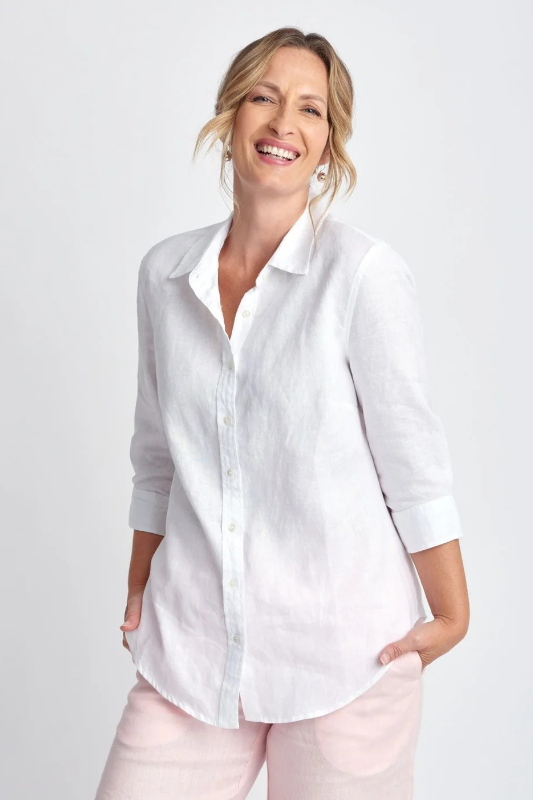 Goondiwindi Cotton Linen 3/4 Sleeve Shirt | White