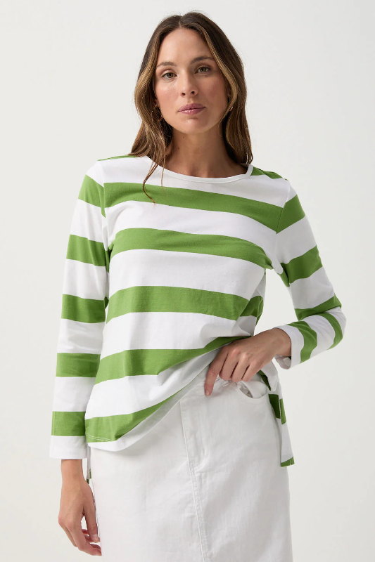 Goondiwindi Cotton A-Line Long Sleeve Tee | White/Leaf Green