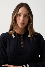 Load image into Gallery viewer, Goondiwindi Cotton Merino Cable Knit Polo | Navy/Cobweb
