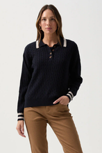 Load image into Gallery viewer, Goondiwindi Cotton Merino Cable Knit Polo | Navy/Cobweb
