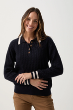 Load image into Gallery viewer, Goondiwindi Cotton Merino Cable Knit Polo | Navy/Cobweb
