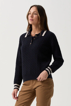 Load image into Gallery viewer, Goondiwindi Cotton Merino Cable Knit Polo | Navy/Cobweb
