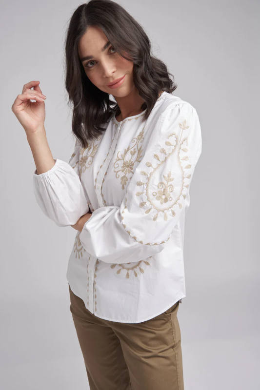 Goondiwindi Cotton Embroidered Top in White and Latte