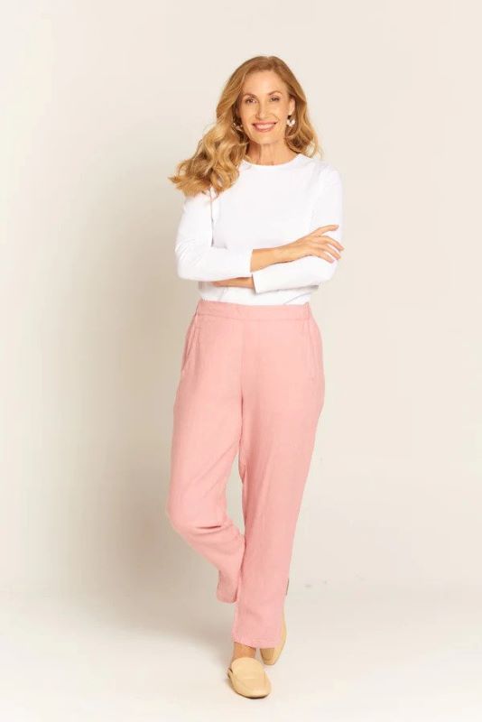 Goondiwindi Cotton Linen Flat Front Tapered Pant | Pale Pink