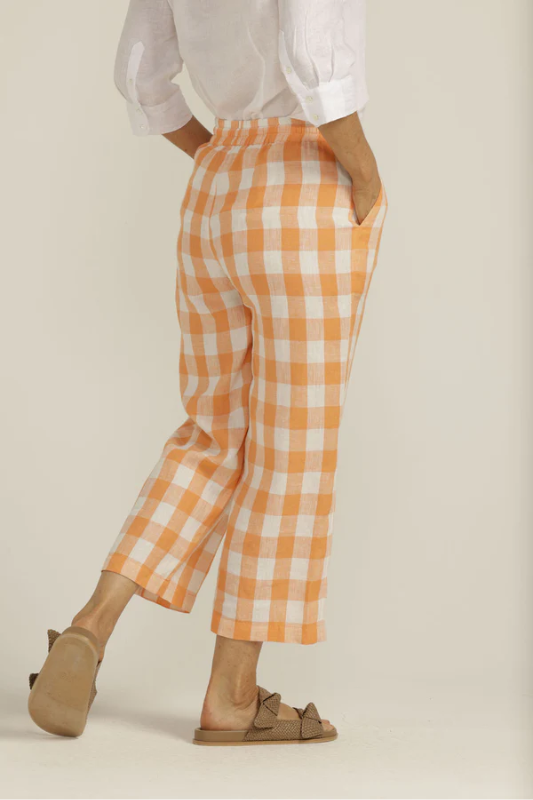 Goondiwindi Cotton Linen Gingham Cropped Pant in Apricot/White
