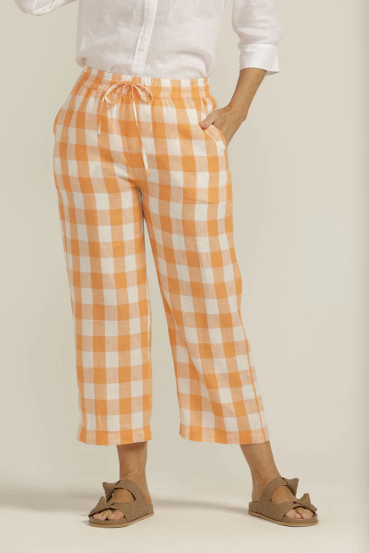 Goondiwindi Cotton Linen Gingham Cropped Pant in Apricot/White