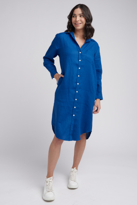 Goondiwindi Cotton Shirtmaker Linen Dress in Opal Blue