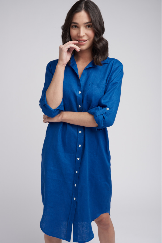 Goondiwindi Cotton Shirtmaker Linen Dress | Opal Blue