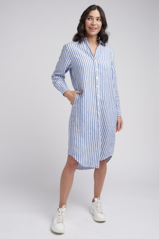 Goondiwindi Cotton Shirtmaker Stripe Dress in Opal Blue and White Stripe