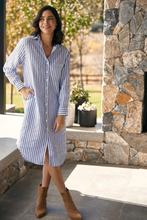 Load image into Gallery viewer, Goondiwindi Cotton Shirtmaker Stripe Dress in Opal Blue and White Stripe
