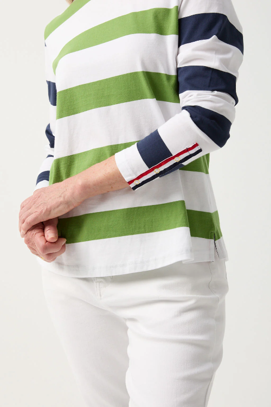 Goondiwindi Cotton Long Sleeved Tee with Button Sleeve | White/Leaf Green