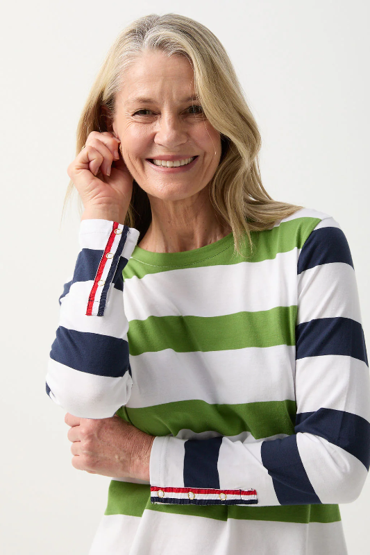 Goondiwindi Cotton Long Sleeved Tee with Button Sleeve | White/Leaf Green
