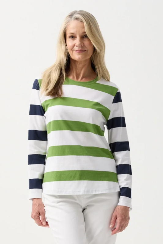 Goondiwindi Cotton Long Sleeved Tee with Button Sleeve | White/Leaf Green