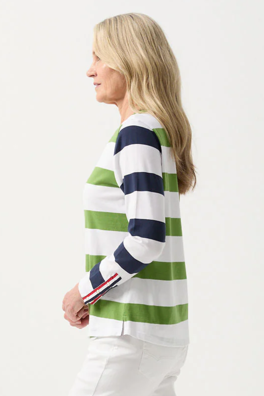 Goondiwindi Cotton Long Sleeved Tee with Button Sleeve | White/Leaf Green