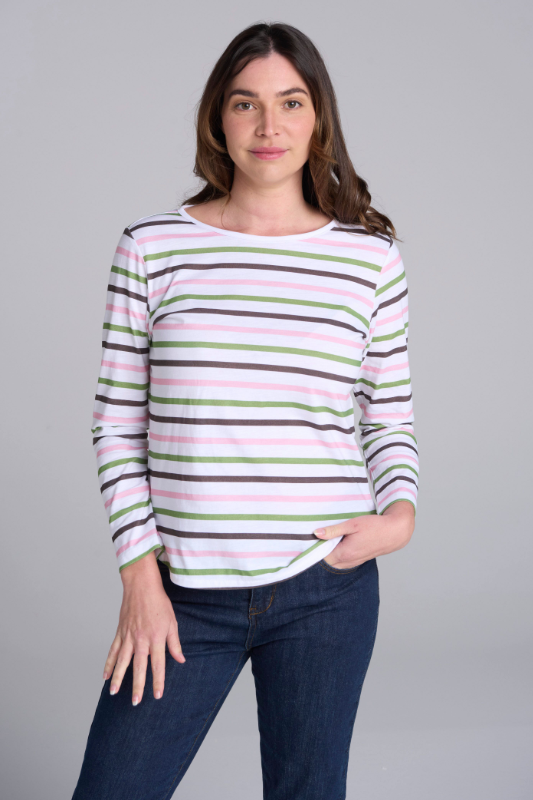 Goondiwindi Cotton Multi Stripe Tee | White/Leaf Green