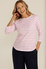 Load image into Gallery viewer, Goondiwindi Cotton 3/4 Sleeve Stripe Cotton Tee in White and Bright Pink
