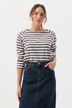Load image into Gallery viewer, Goondiwindi Cotton Stripe Raglan Tee | White/Hot Fudge
