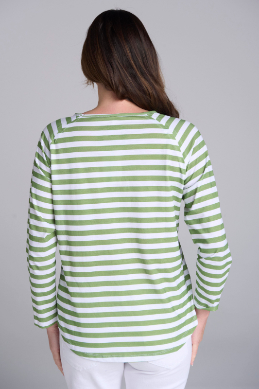 Goondiwindi Cotton Stripe Raglan Tee | White/Leaf Green