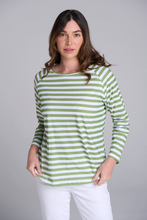 Load image into Gallery viewer, Goondiwindi Cotton Stripe Raglan Tee | White/Leaf Green
