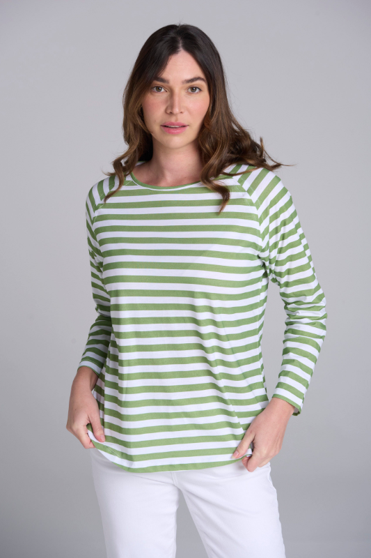Goondiwindi Cotton Stripe Raglan Tee | White/Leaf Green