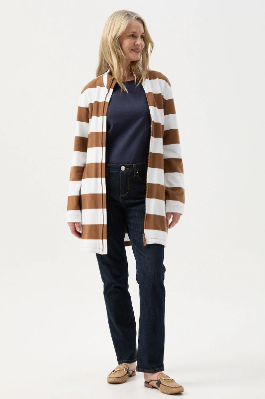 Goondiwindi Cotton Stripe Rugby Zip Through Jacket | Tobacco/White