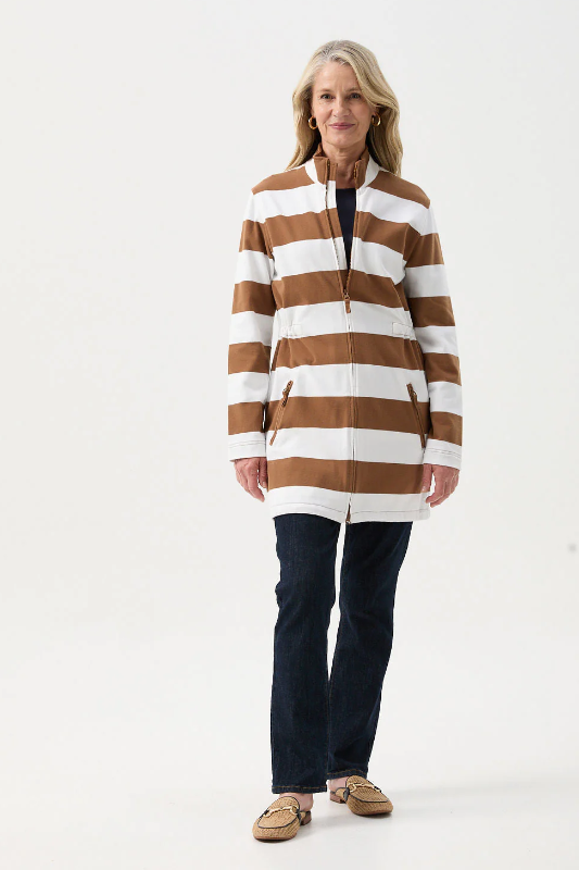 Goondiwindi Cotton Stripe Rugby Zip Through Jacket | Tobacco/White