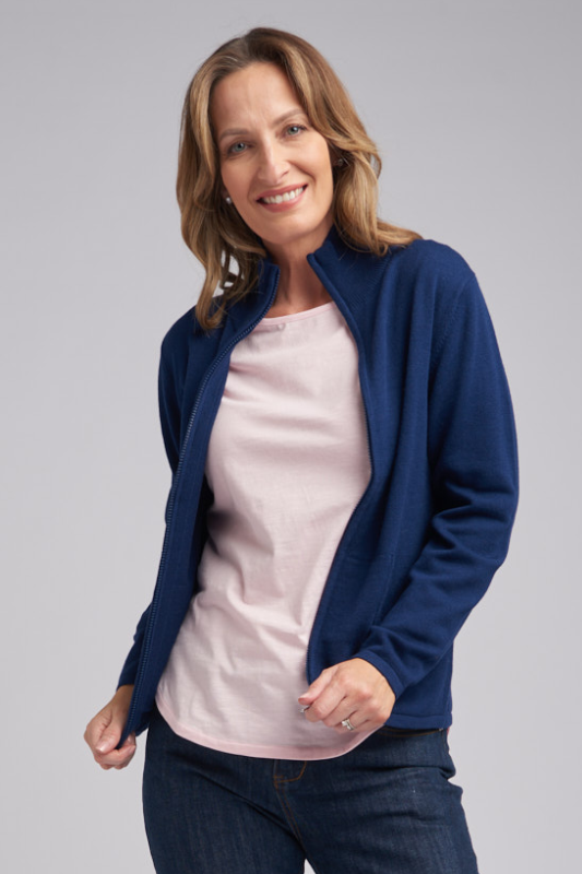 Goondiwindi Cotton Zip Knit Merino Cardigan in Bright Navy