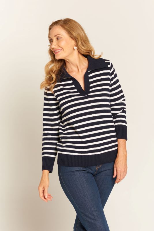 Goondiwindi Cotton Stripe Merino Jumper with Collar