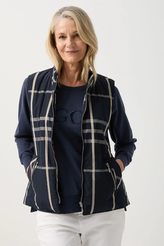 Goondiwindi Cotton Check Longline Vest | Navy Check