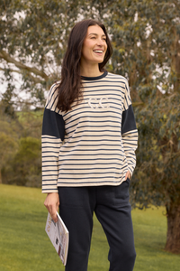 Goondiwindi Cotton GC Logo Stripe Cotton Sweater | Birch/Dark Navy | 3314