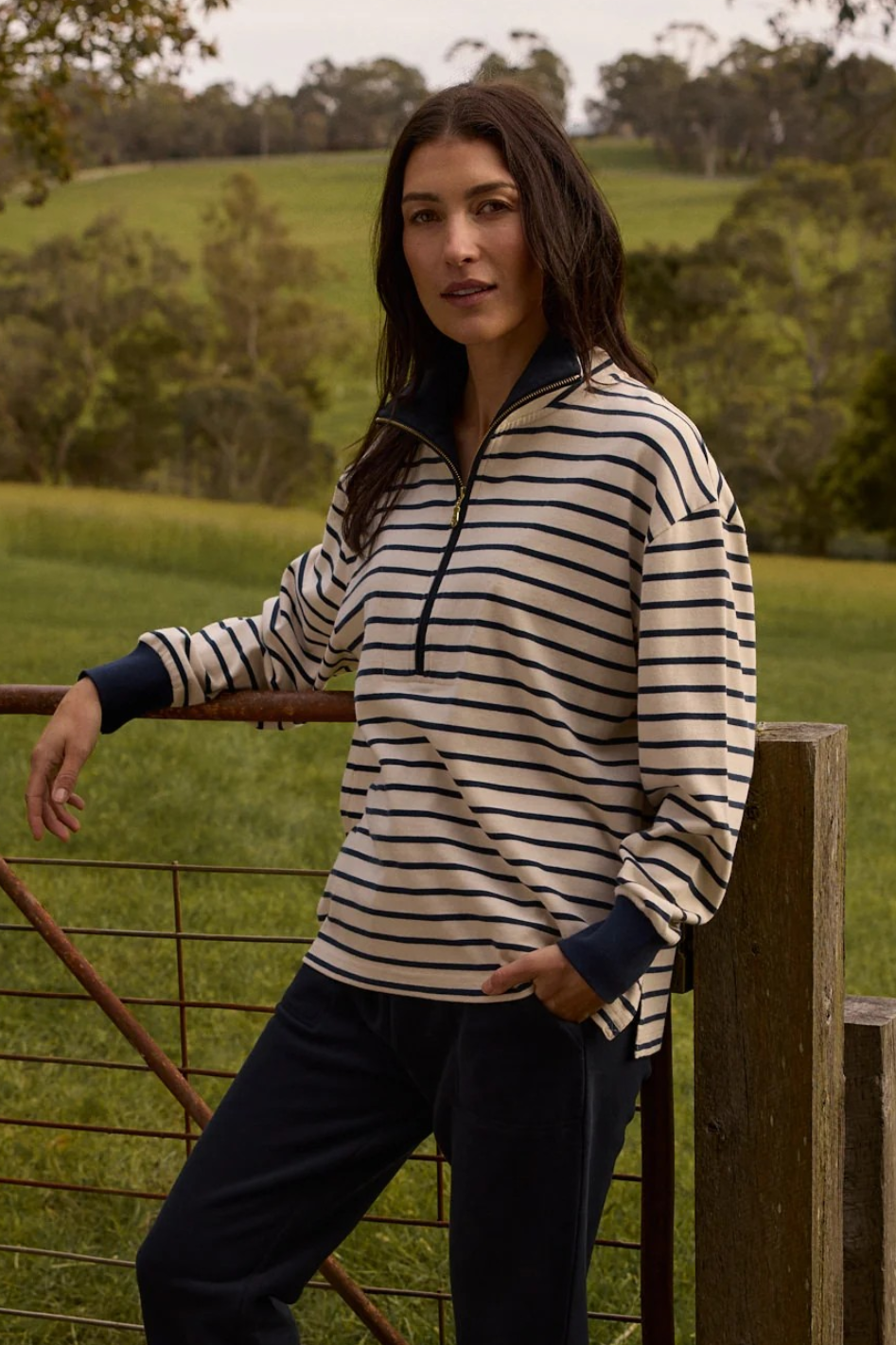 Goondiwindi Cotton Outland Cotton ½ Zip Sweater | Birch/Dark Navy | 3316