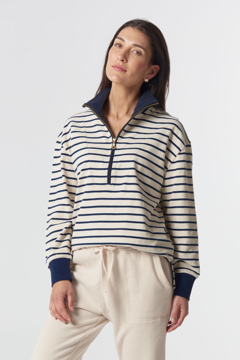 Goondiwindi Cotton Outland Cotton ½ Zip Sweater | Birch/Dark Navy | 3316
