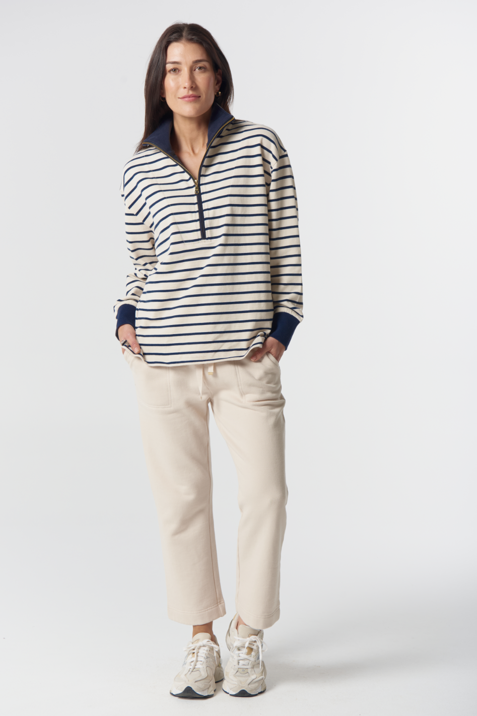 Goondiwindi Cotton Outland Cotton ½ Zip Sweater | Birch/Dark Navy | 3316