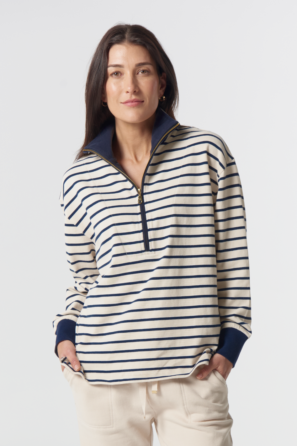 Goondiwindi Cotton Outland Cotton ½ Zip Sweater | Birch/Dark Navy | 3316