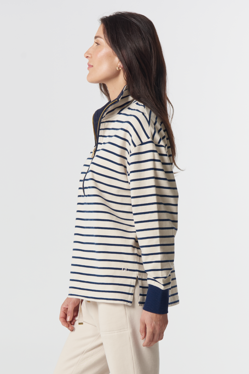 Goondiwindi Cotton Outland Cotton ½ Zip Sweater | Birch/Dark Navy | 3316