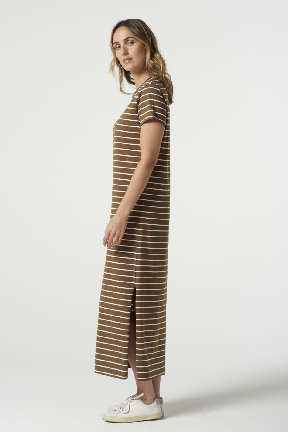 Goondiwindi Cotton Striped Tee Dress | White/Otter | 6292-21-S25