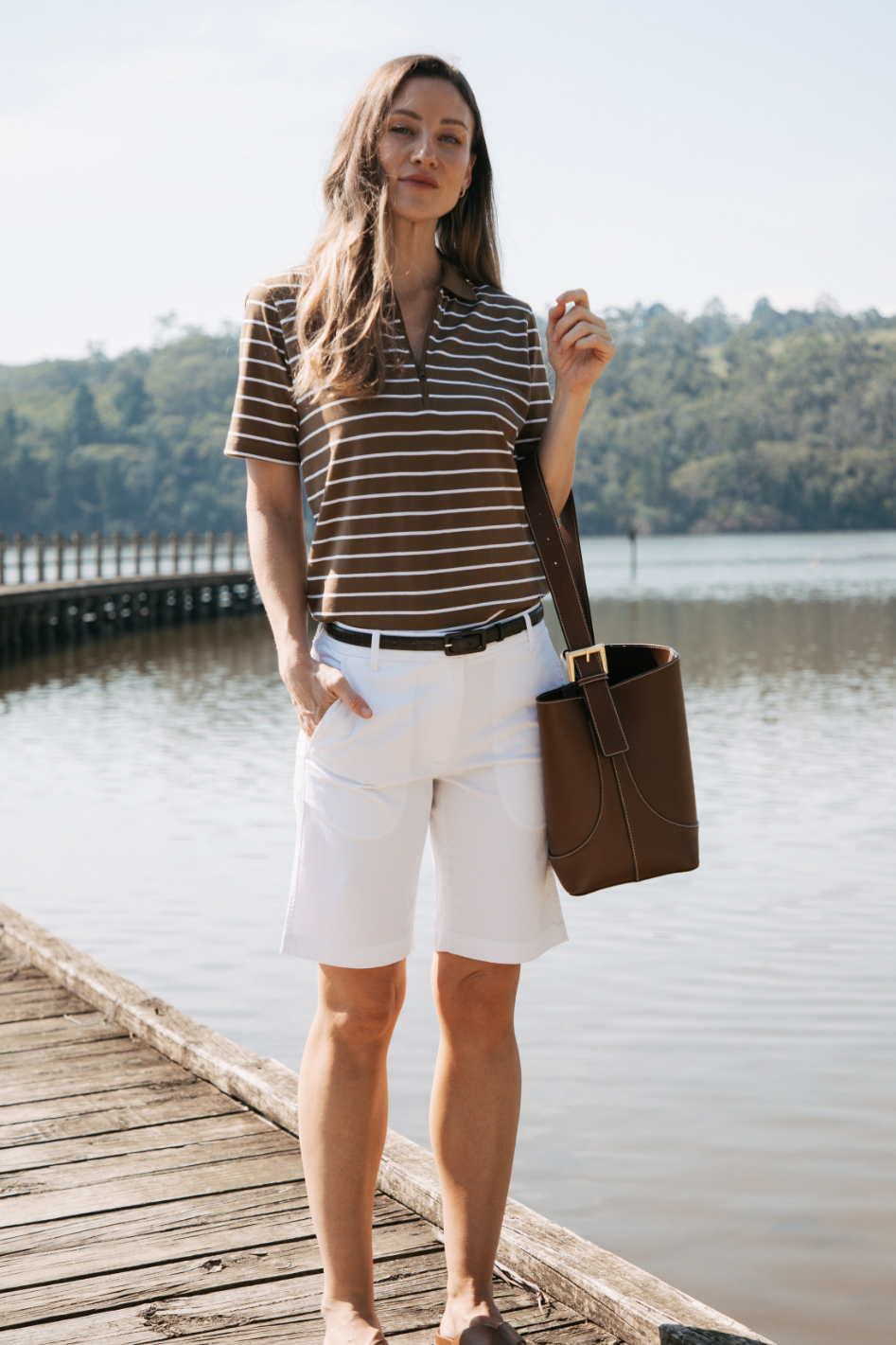 Goondiwindi Cotton Zip Stripe Polo | White/Otter | 3308-21-S25