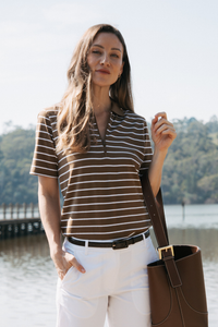 Goondiwindi Cotton Zip Stripe Polo | White/Otter | 3308-21-S25