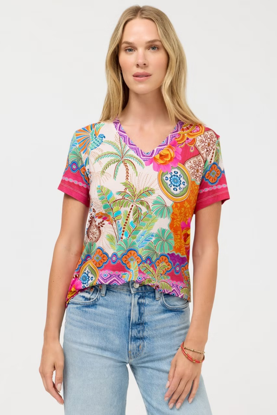 Johnny Was The Janie Favorite Short Sleeve V Neck Tee in Avelar Print