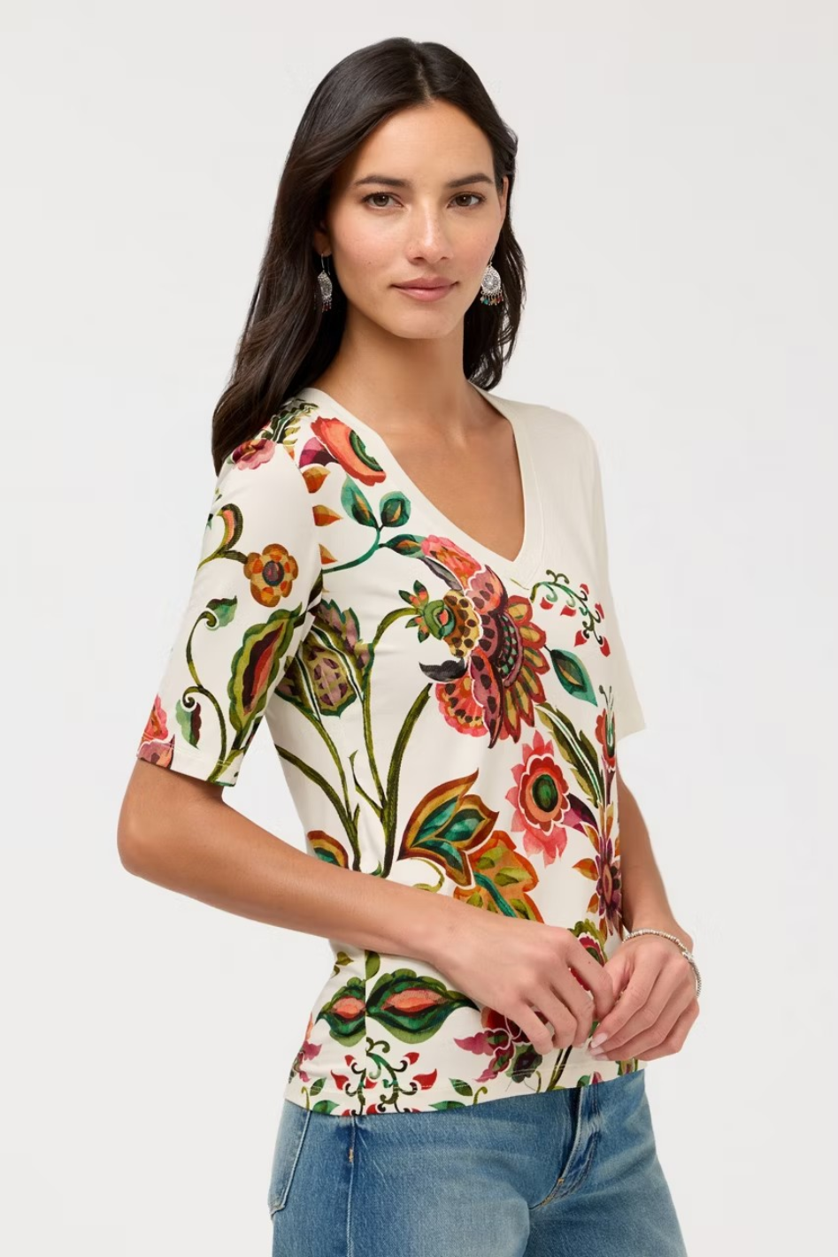Johnny Was The Janie Favorite V-Neck Sleeve Tee in Valley of the Fleurs Print