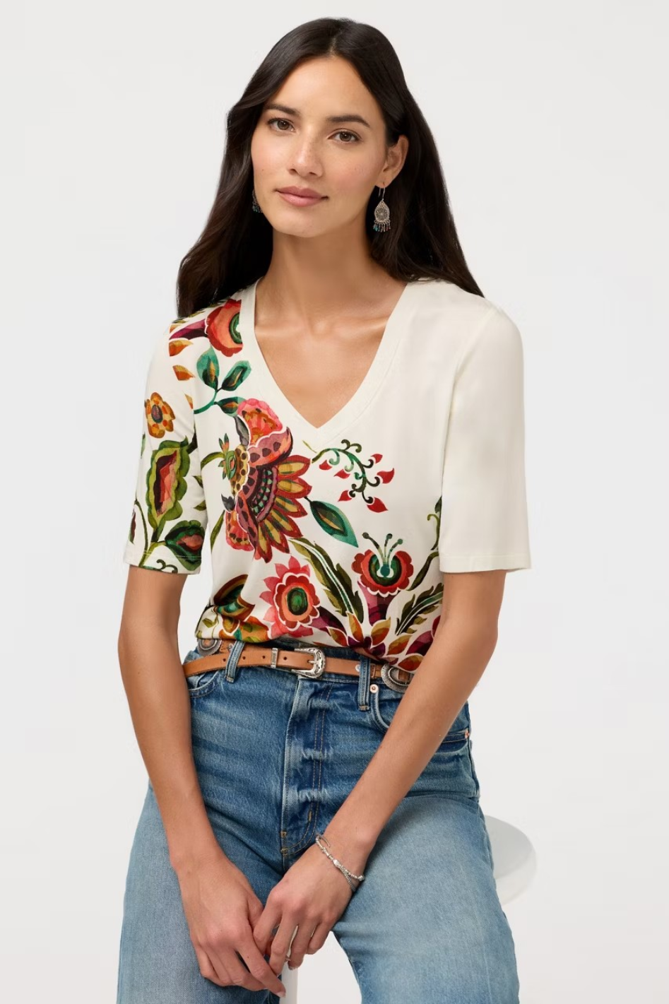 Johnny Was The Janie Favorite V-Neck Sleeve Tee in Valley of the Fleurs Print