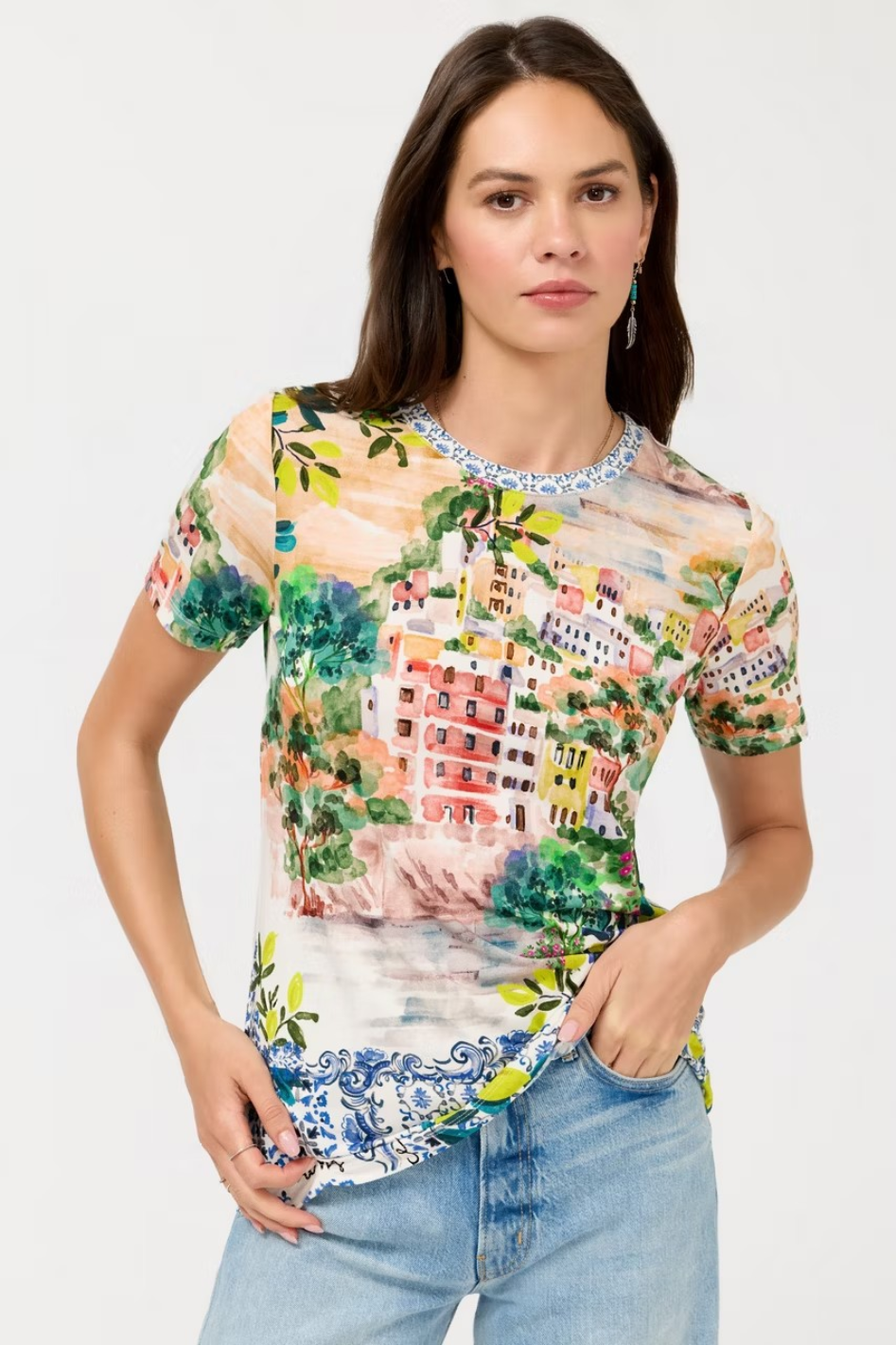 Johnny Was The Janie Favorite Short Sleeve Crew Neck Tee in Olympe Scarf Print