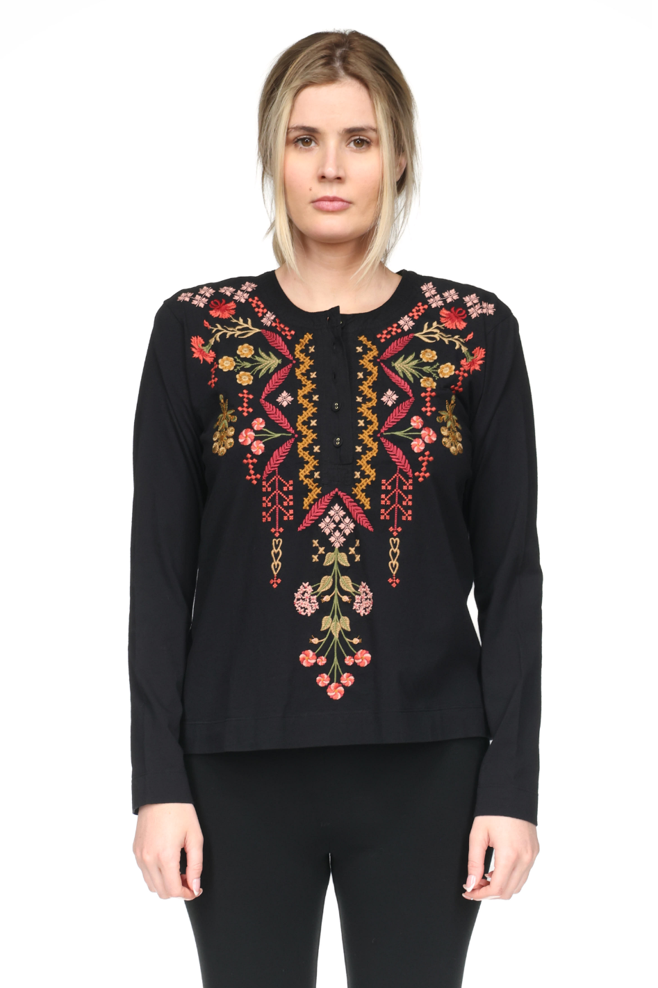Johnny Was Mixed Media Henly T-Shirt Malaya in Black