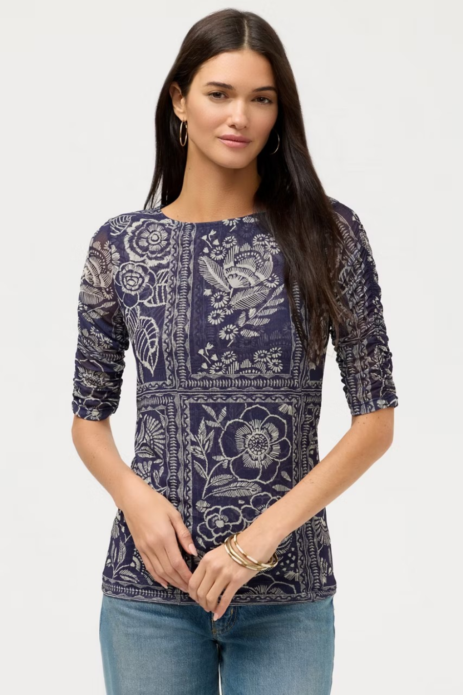 Johnny Was Ruched Sleeve Mesh Top | Vaelis | T15626-1