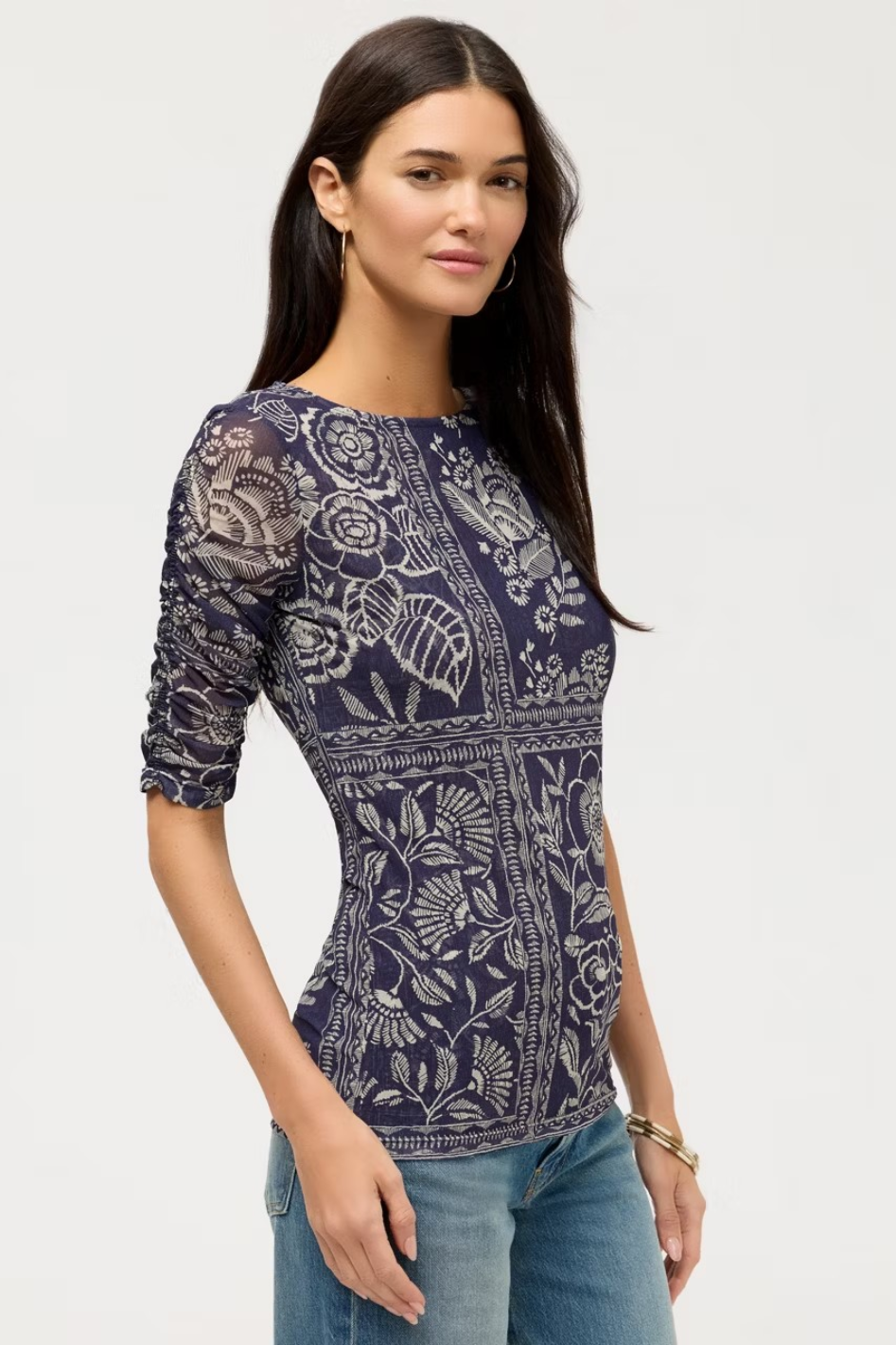 Johnny Was Ruched Sleeve Mesh Top | Vaelis | T15626-1