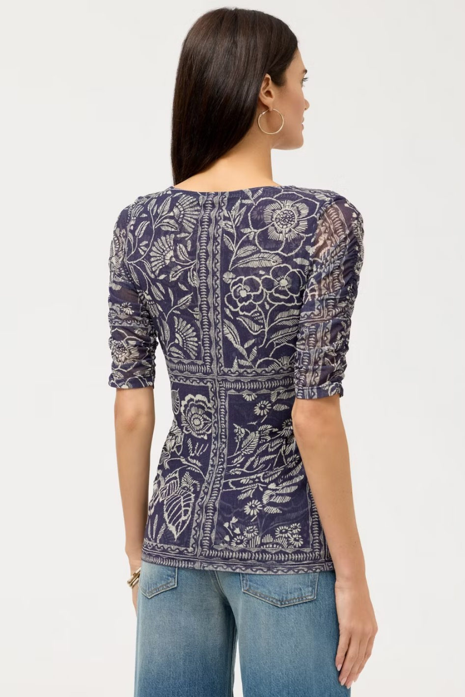 Johnny Was Ruched Sleeve Mesh Top | Vaelis | T15626-1