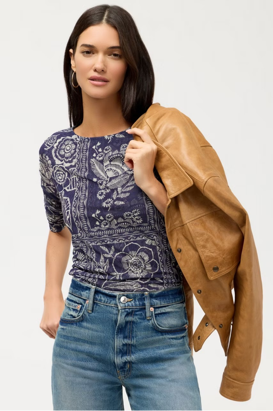 Johnny Was Ruched Sleeve Mesh Top | Vaelis | T15626-1