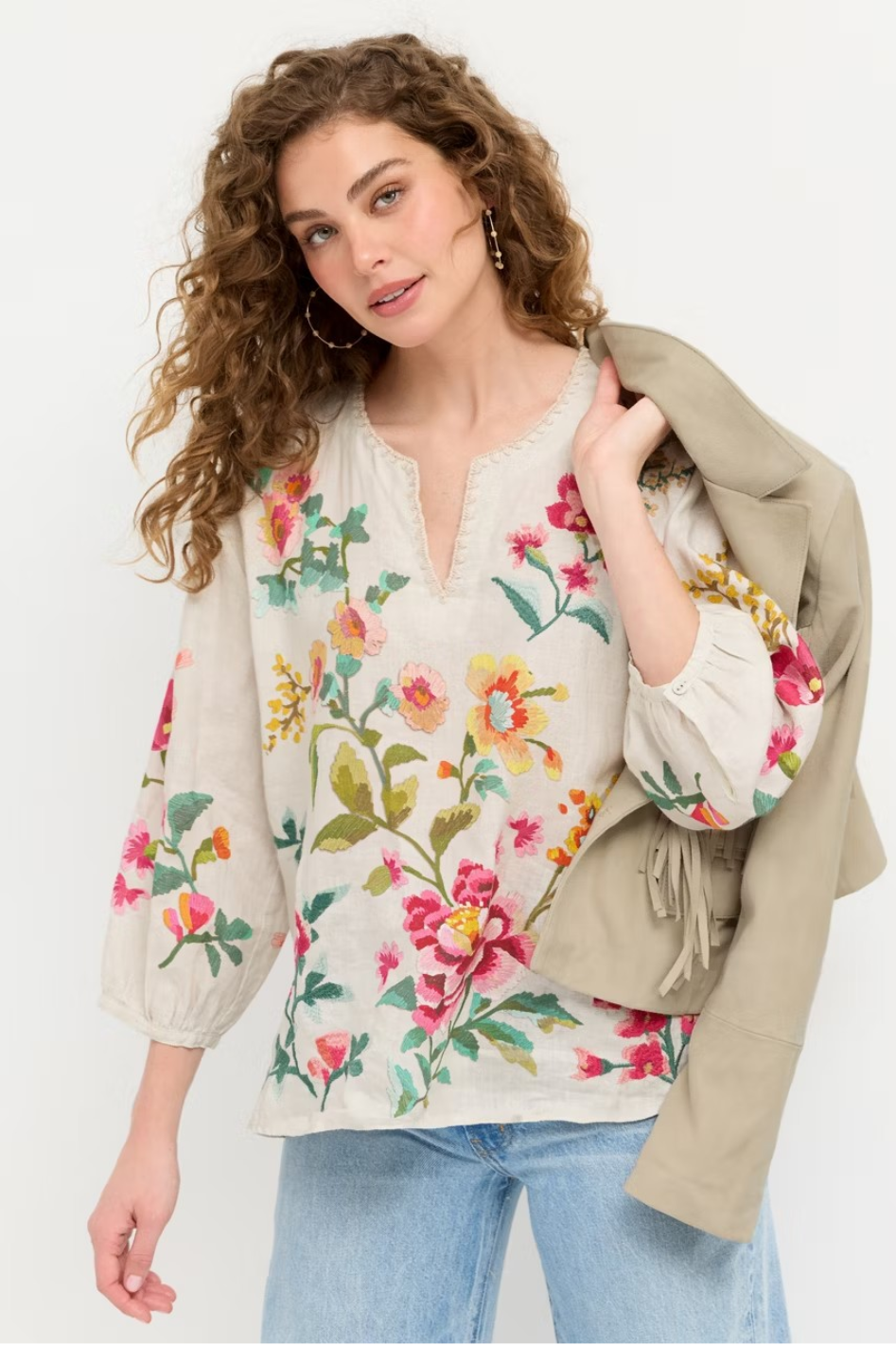 Johnny Was Split Neck Linen Blouse