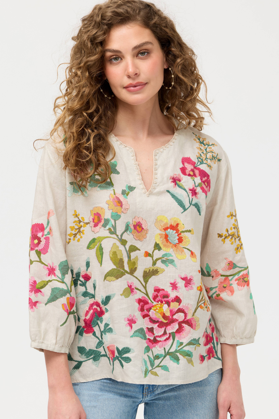 Johnny Was Split Neck Linen Blouse